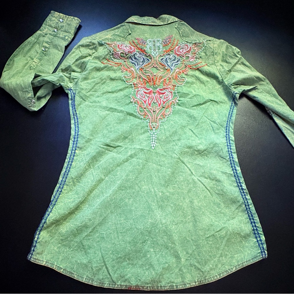 Roar western shirt embroidered pearl buttons cowgirl fitted acid wash medium - Picture 2 of 11